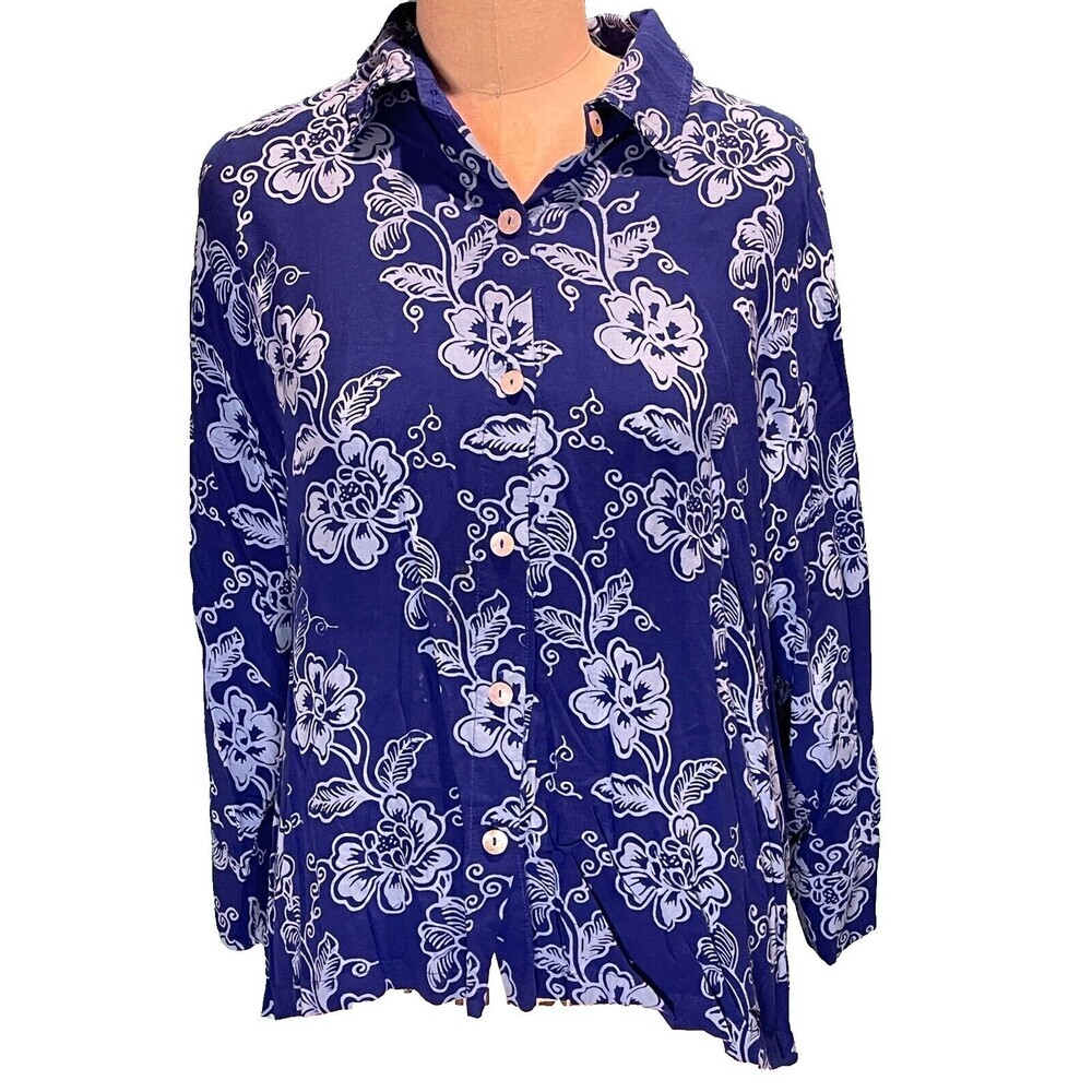 Kiki Hawaii Print Shirt Womens Size XXL Blue and White Floral Print Resort VTG